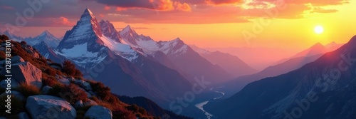 Majestic mountain peaks stretch towards the orange horizon, nature, landmark