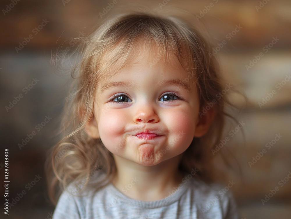 Child shows playful expression in cozy indoor setting Child shows playful expression in cozy indoor setting