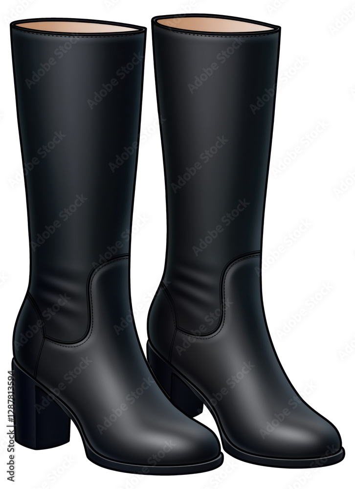 Stylish black knee high boots with block heels designed isolated on transparent background.