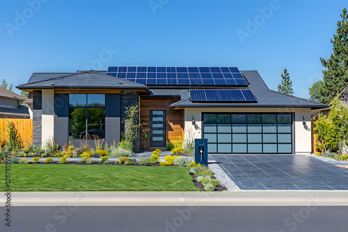 Wallpaper Mural Modern eco-friendly house with solar panels on the roof and sustainable landscaping, energy-efficient home in a natural setting Torontodigital.ca