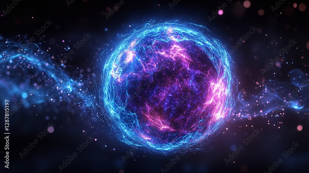 Obraz premium Futuristic Blue Energy Sphere with Electric Magic Particles & Waves