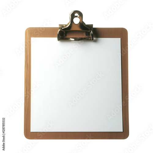 Wooden Clipboard with Blank Paper and Metal Clip Isolated on Transparent Background. A high-quality image of a wooden clipboard with a metal clip holding a blank sheet of paper, perfect for business, 