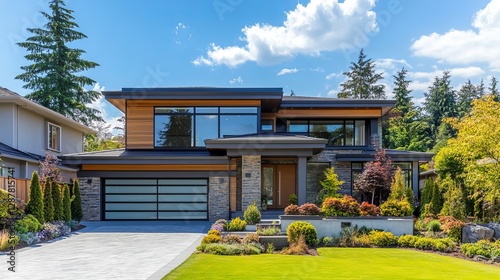 A luxurious modern home with a beautifully landscaped front yard and a driveway leading to a spacious garage, captured on a bright sunny day
