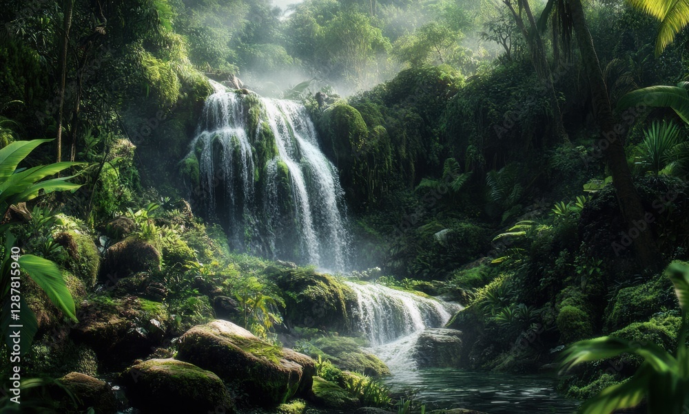 Lush waterfall cascading through green jungle landscape Lush waterfall cascading through green jungle landscape