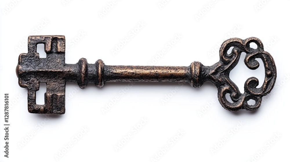 A medieval iron key, isolated with a clipping path, featuring a heavy, rustic design reminiscent of old castle doors A medieval iron key, isolated with a clipping path, featuring a heavy, rustic design reminiscent of old castle doors