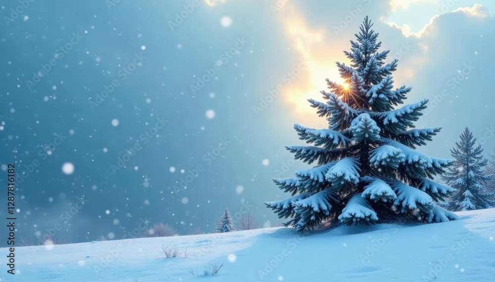 Majestic fir tree against a winter sky with snowflakes, winter scenery, frosty landscape, Majestic fir tree against a winter sky with snowflakes, winter scenery, frosty landscape,