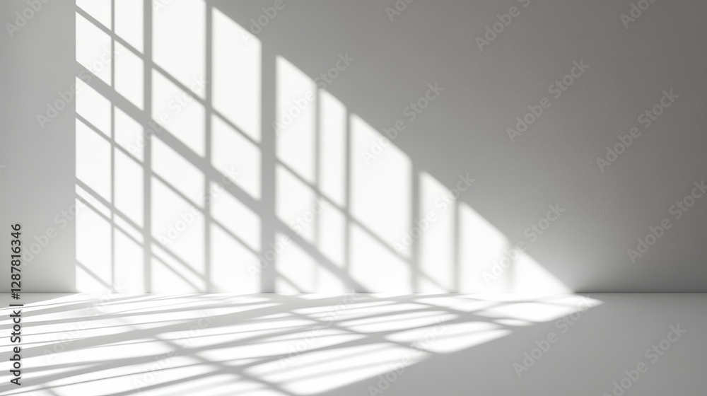 A minimalistic design featuring shadows from jalousies cast onto a white wall, serving as a mockup for various design concepts A minimalistic design featuring shadows from jalousies cast onto a white wall, serving as a mockup for various design concepts