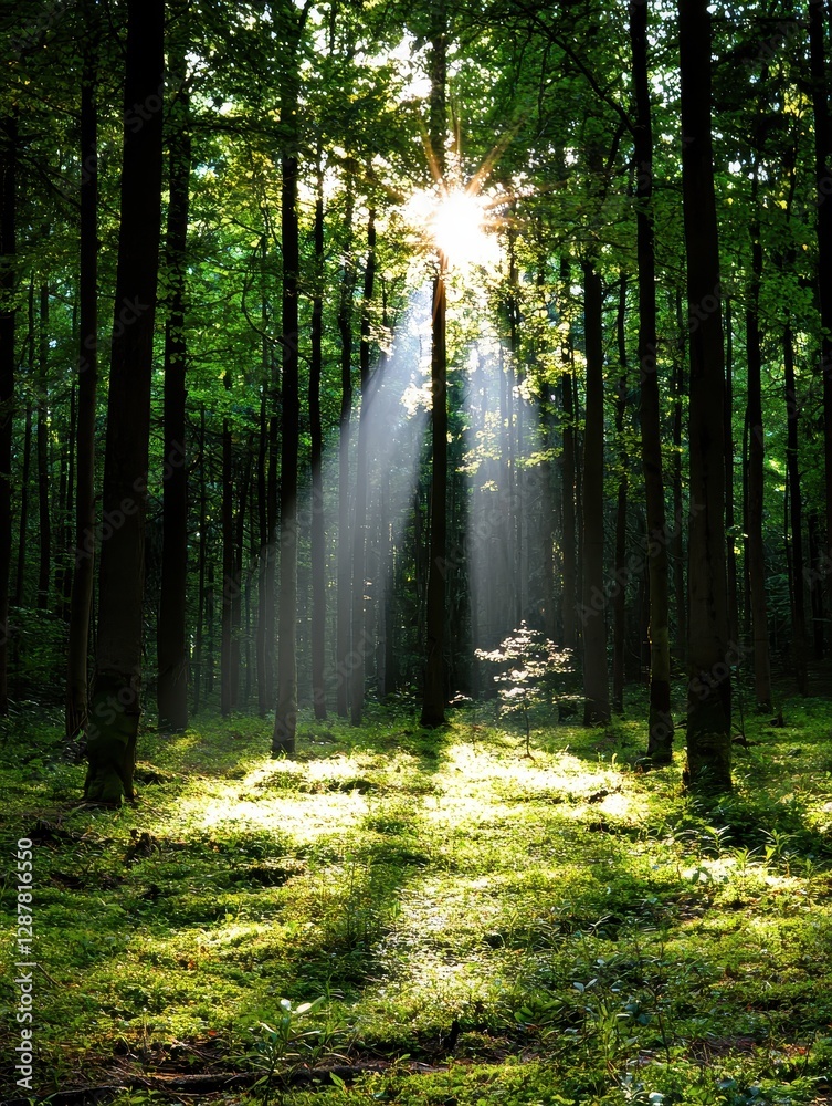 Obraz premium Sunlight streaming through trees in a lush forest nature photography tranquil environment peaceful view