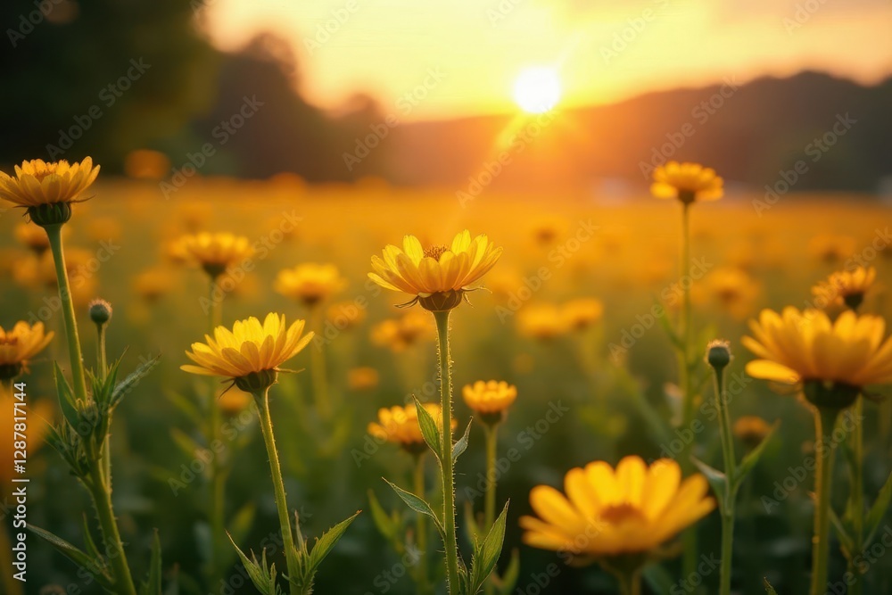 Fototapeta premium Golden Hour Meadow Sunlit Wildflowers Basking in the Warm Glow of Sunset