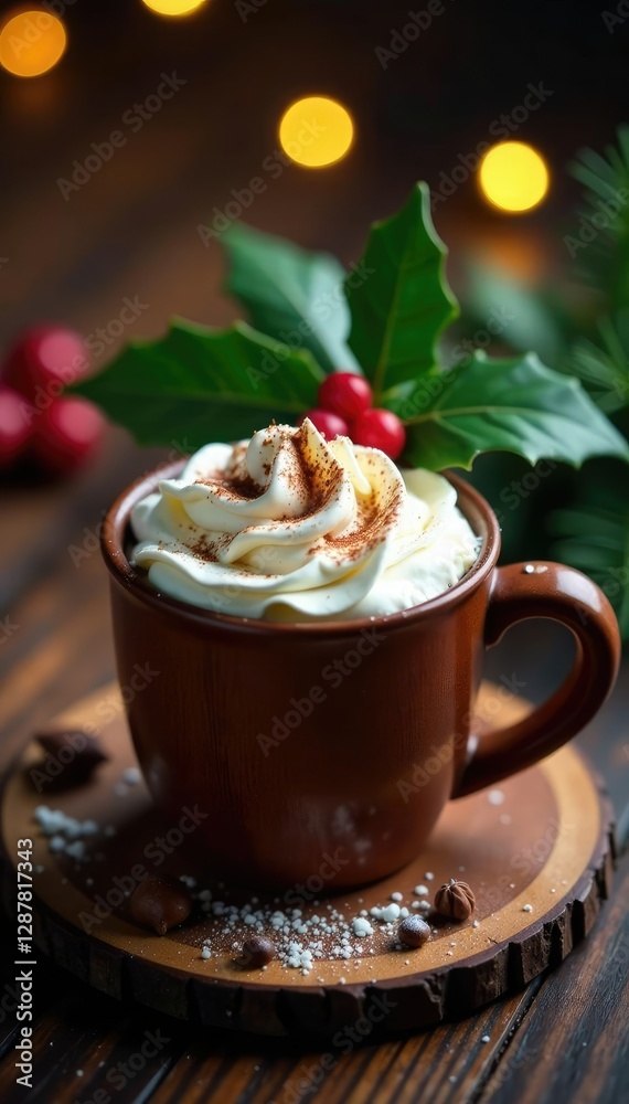 Rich hot chocolate in a wooden mug with whipped cream and festive holly branches, hot chocolate, winter Rich hot chocolate in a wooden mug with whipped cream and festive holly branches, hot chocolate, winter