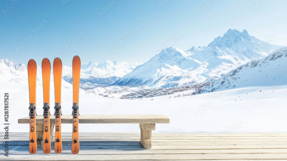 Fototapeta premium Ski gear rests on a bench with mountains in the background under gentle morning light