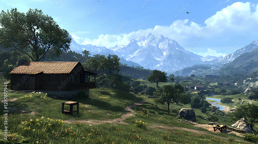 Rustic Cabin in a Sunny Mountain Valley Landscape Rustic Cabin in a Sunny Mountain Valley Landscape