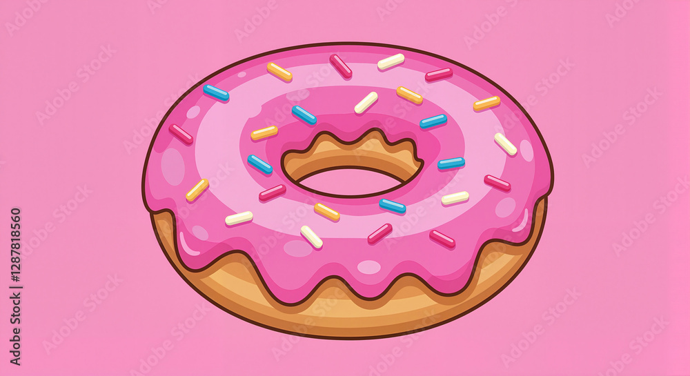 Pink donut with sprinkles against a pink background Pink donut with sprinkles against a pink background