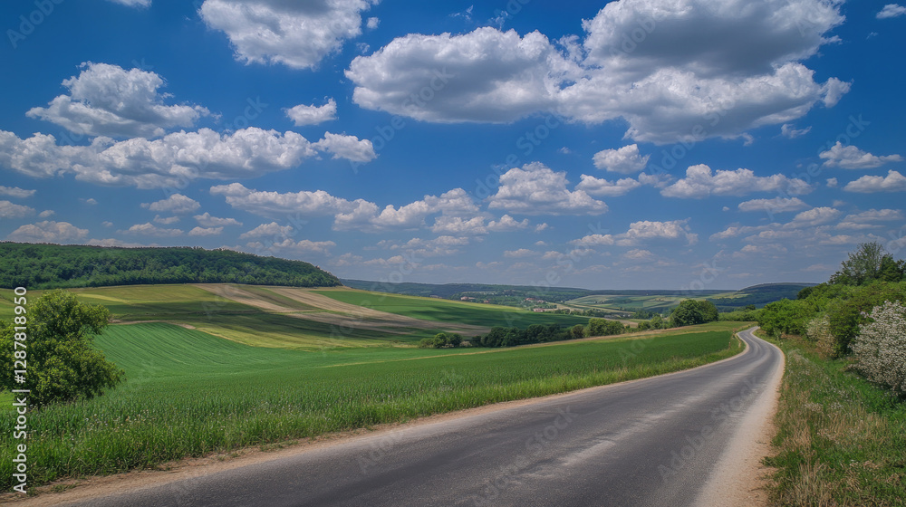 Wide road into distance, flanked by green fields and blue sky. High-definition, horizontal composition. Serene beauty. Wide road into distance, flanked by green fields and blue sky. High-definition, horizontal composition. Serene beauty.