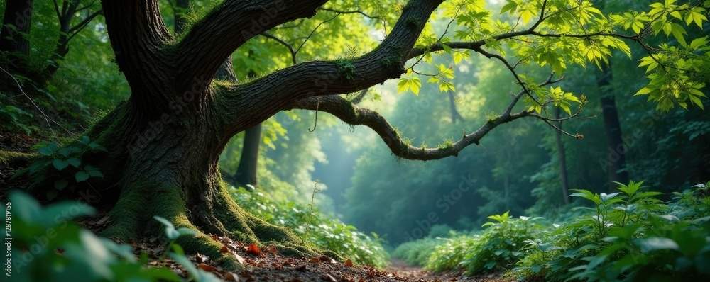 Fototapeta premium Twisted tree limbs tangled with vines and creepers, dense foliage, twisted branches, nature