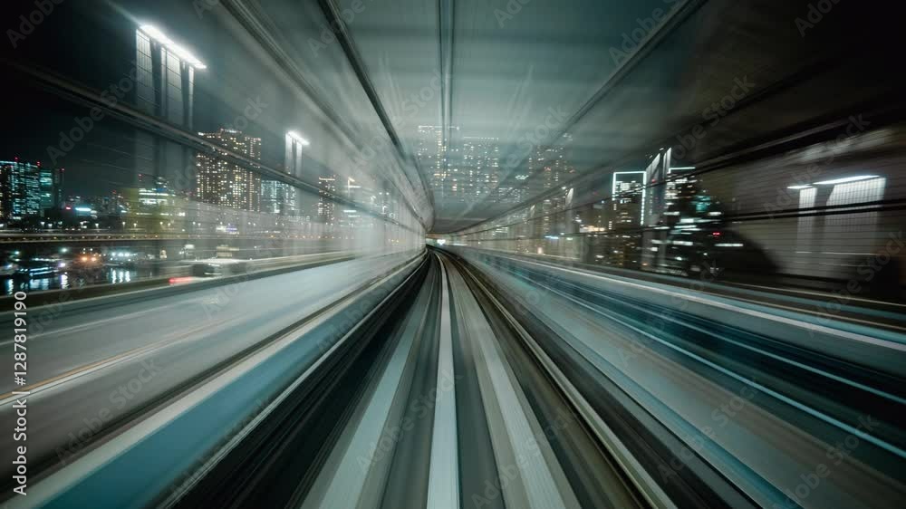 4K Motion timelapse POV shot from automated train at night in Tokyo, Japan.