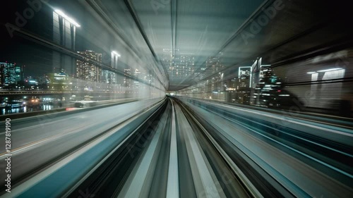 4K Motion timelapse POV shot from automated train at night in Tokyo, Japan.