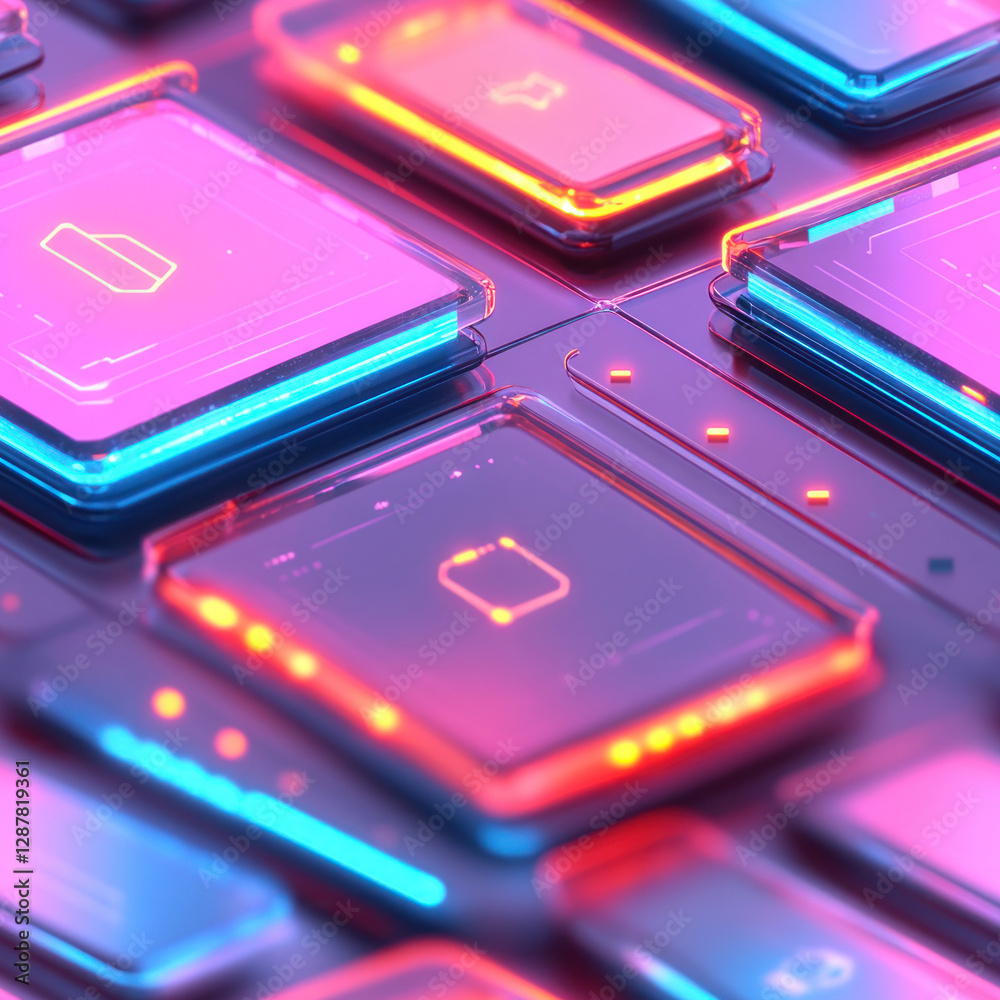 Grid of glowing smartphones displaying icons, illuminated futuristic background, technology concept Grid of glowing smartphones displaying icons, illuminated futuristic background, technology concept