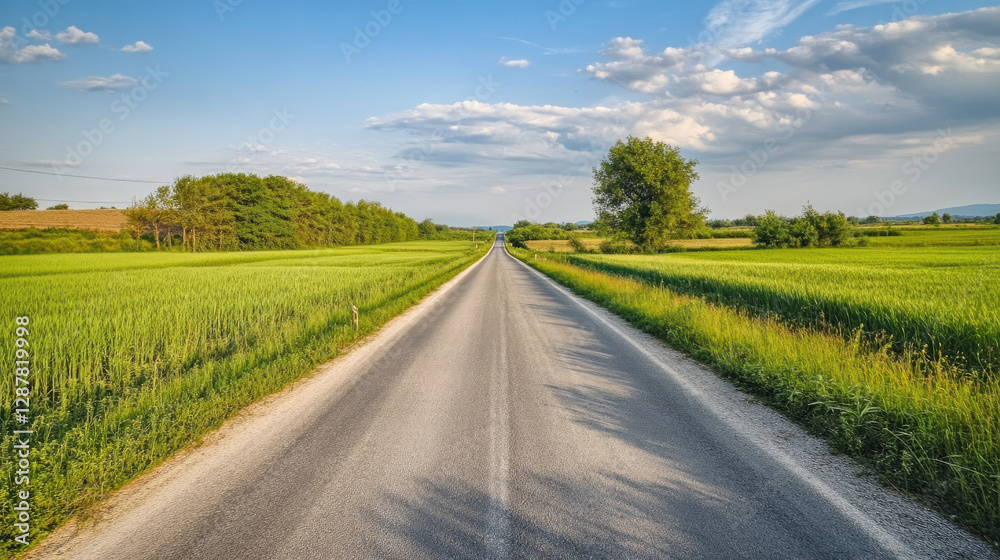 Wide road into distance, flanked by green fields and blue sky. High-definition, horizontal composition. Serene beauty.