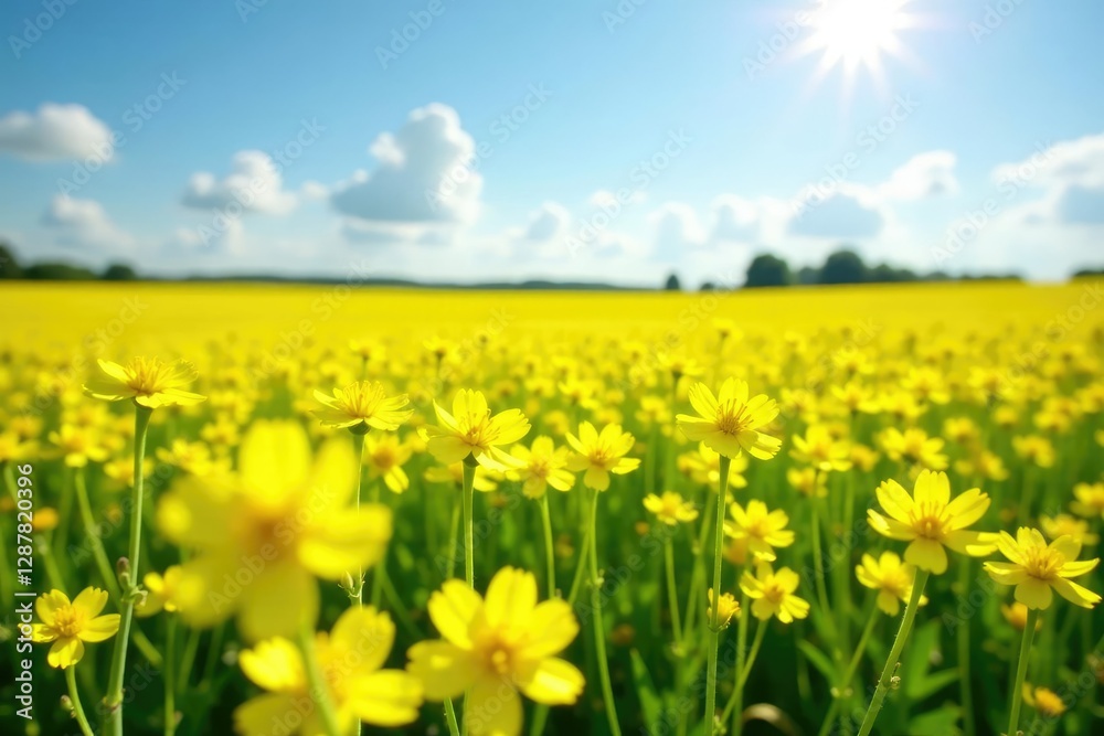 Vast canola field with bright yellow rapeseed flowers blooming in summer sunlight, canola field, crop Vast canola field with bright yellow rapeseed flowers blooming in summer sunlight, canola field, crop