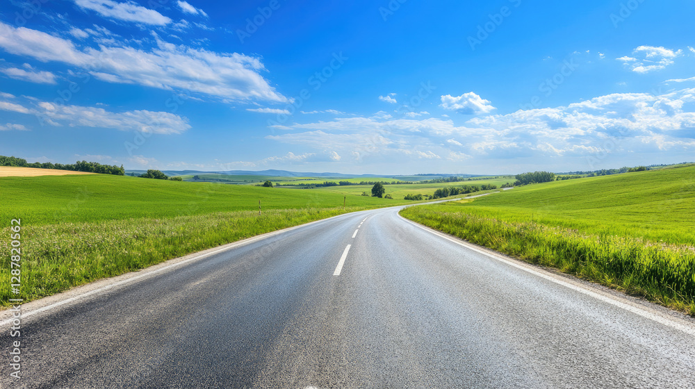 Wide road into distance, flanked by green fields and blue sky. High-definition, horizontal composition. Serene beauty. Wide road into distance, flanked by green fields and blue sky. High-definition, horizontal composition. Serene beauty.