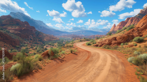 Lost in the Beauty of the Southwest. A scenic desert road winds through a rugged canyon landscape, where red rock buttes, vibrant greenery, and towering peaks create a stunning contrast 