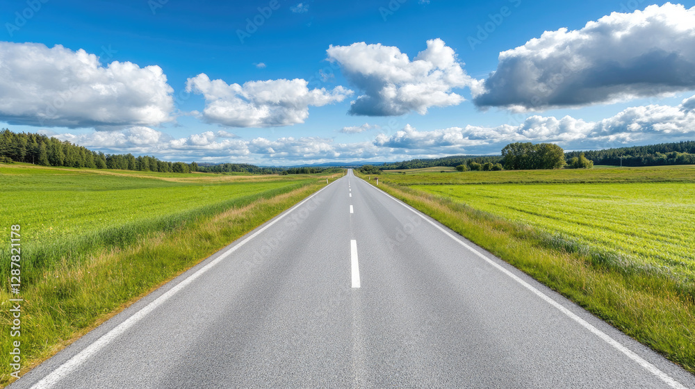 Wide road into distance, flanked by green fields and blue sky. High-definition, horizontal composition. Serene beauty. Wide road into distance, flanked by green fields and blue sky. High-definition, horizontal composition. Serene beauty.