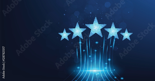 Rating concept. Wireframe five stars, low poly style. Five stars rating concept. Client satisfaction, luxury service evaluation on dark blue background.