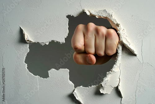 A fist breaks through a wall. Plaster fragments and a damaged section of drywall are visible. Dismantling walls. Determination and will.
