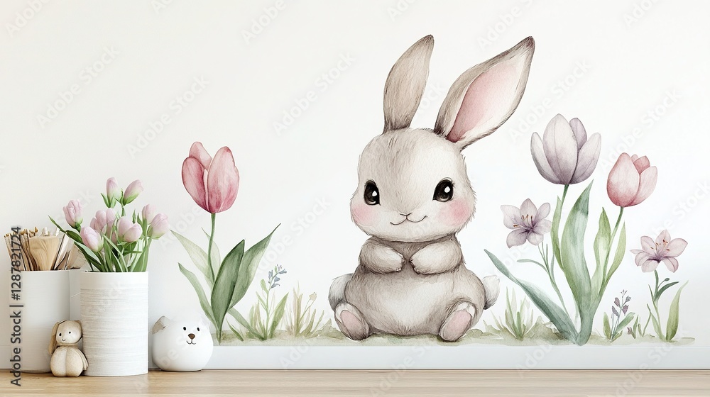 Fototapeta premium Easter joyful watercolor bunny playing next to tulips and lilies on a pure white background