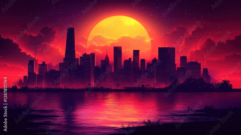 Fototapeta premium Cityscape Sunset Reflection Night