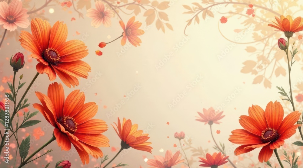 Obraz premium Vibrant Orange Flowers Blossom in a Soft, Dreamy Setting with Delicate Branch Silhouettes