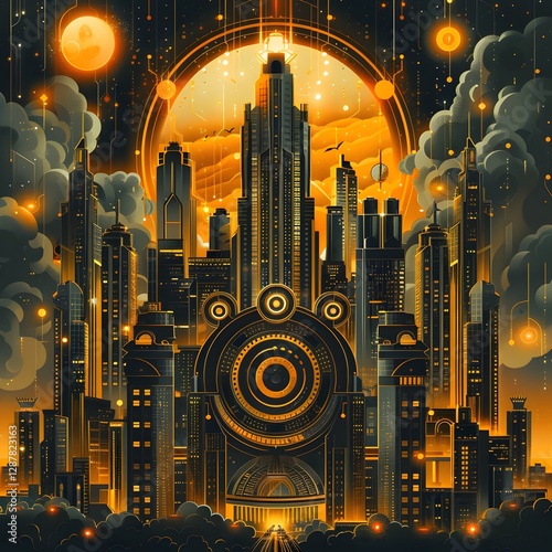 Dazzling Art Deco Inspired City Skyline at Night with Glowing Lights and Geometric Shapes
