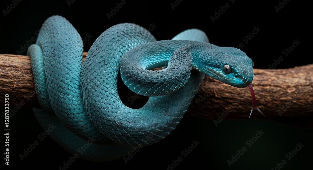 Fototapeta premium Blue Viper Snake Coiled on Branch with Tongue Out Wildlife Photography