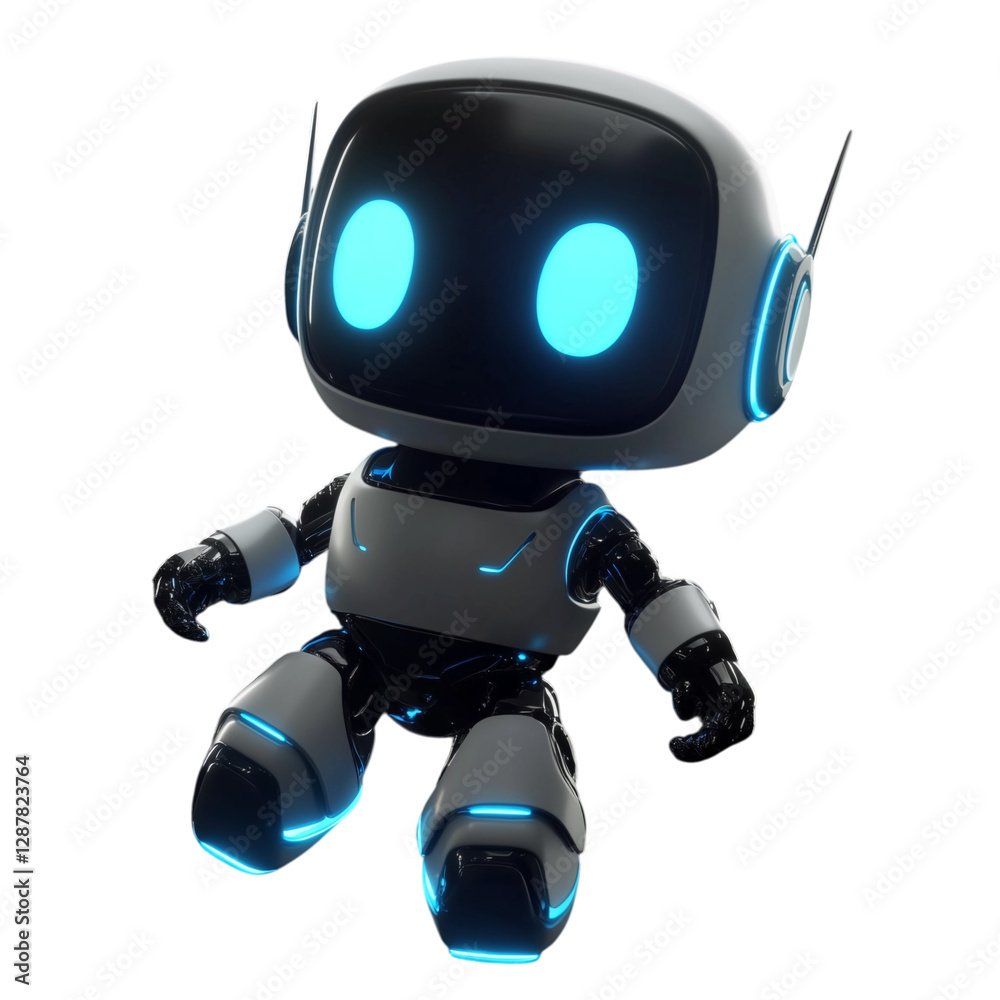 Floating robot with neon light 3d icon tech on transparent background Floating robot with neon light 3d icon tech on transparent background