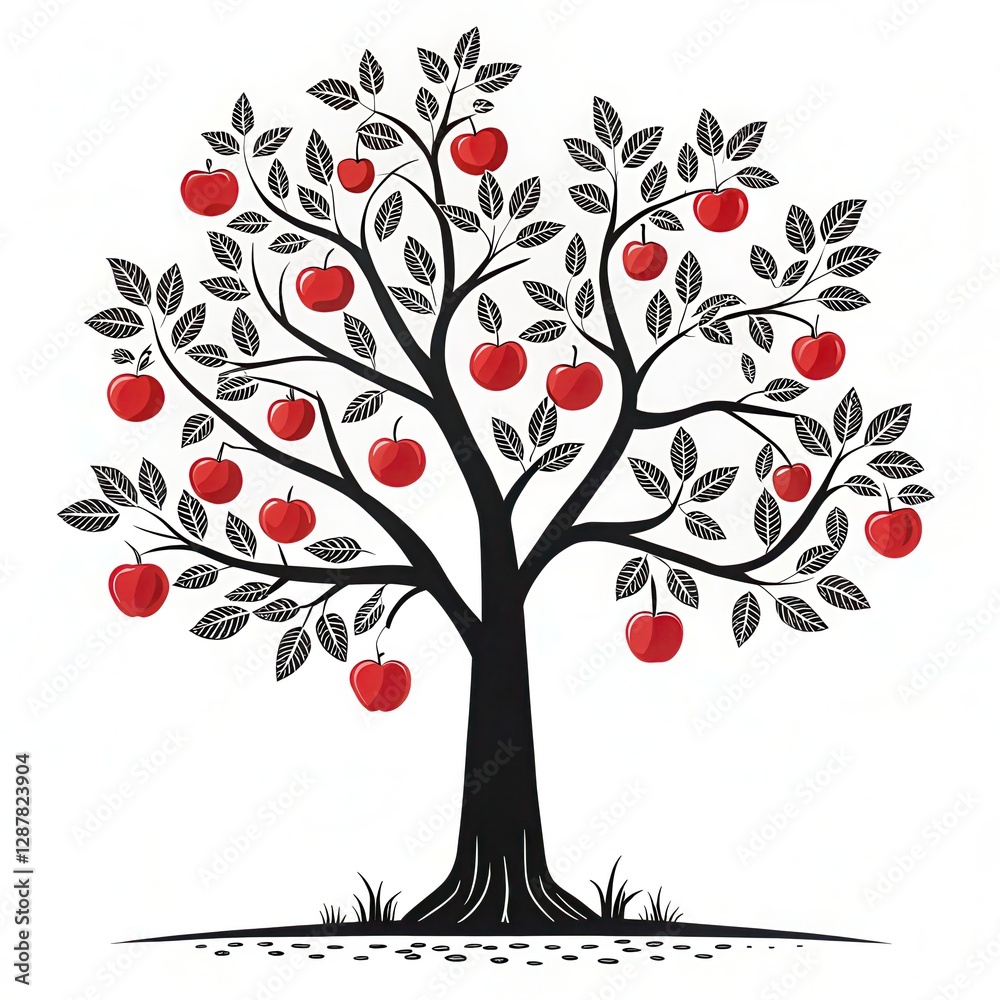 A stylized black tree with vibrant red apples, showcasing lush leaves, embodying nature's beauty and abundance. A stylized black tree with vibrant red apples, showcasing lush leaves, embodying nature's beauty and abundance.