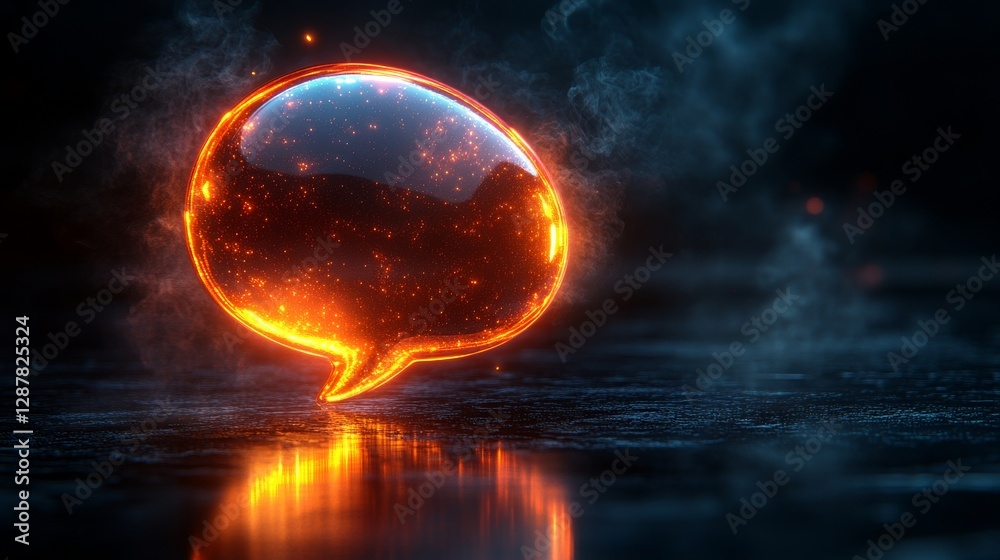 Glowing speech bubble with fiery texture and smoke on wet surface, digital art concept Glowing speech bubble with fiery texture and smoke on wet surface, digital art concept