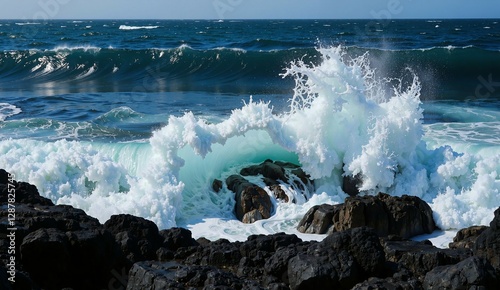 Powerful waves crash against rugged rocks along a coastal shoreline, creating a dynamic display of natures raw energy