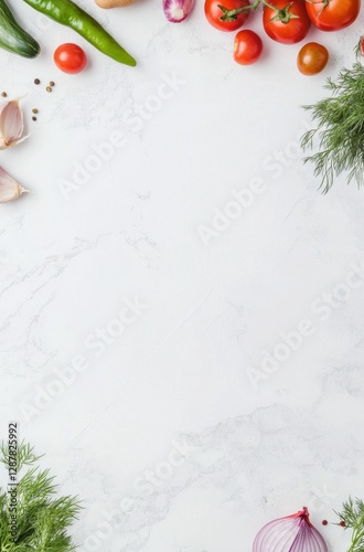 Wallpaper Mural Fresh produce on white marble: tomatoes, garlic, dill, peppers, and onions, ready to cook Torontodigital.ca