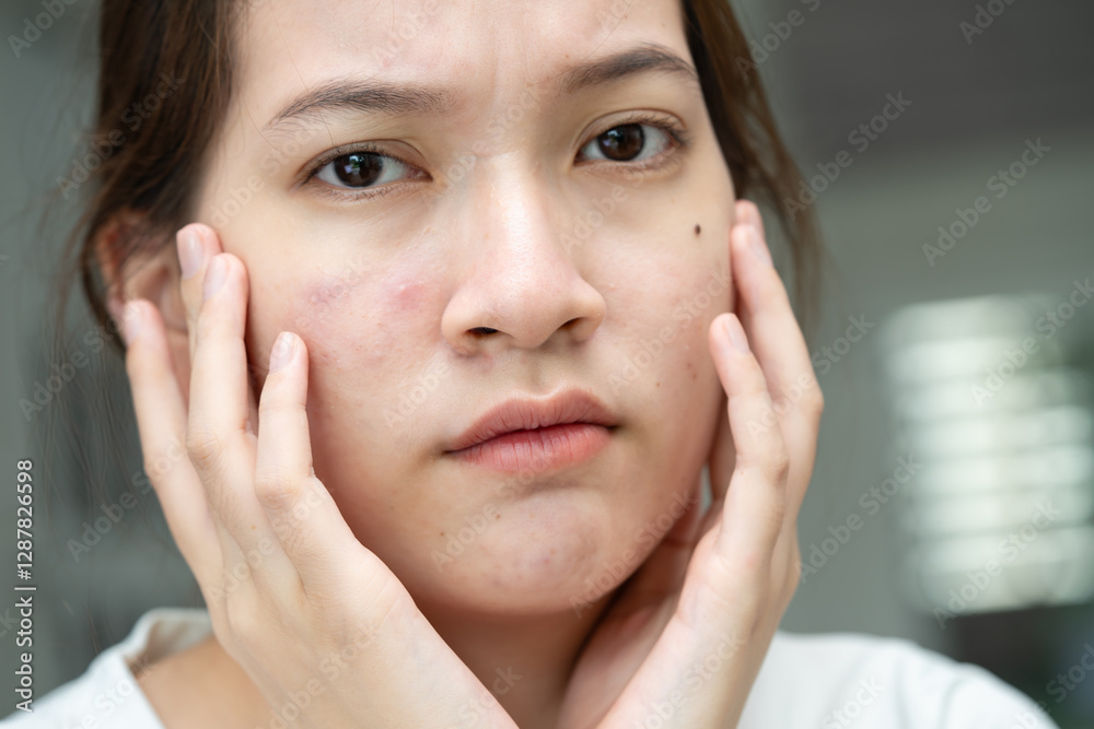 Asian young with pimple, acne, scar on skin, facial problem. Asian young with pimple, acne, scar on skin, facial problem.