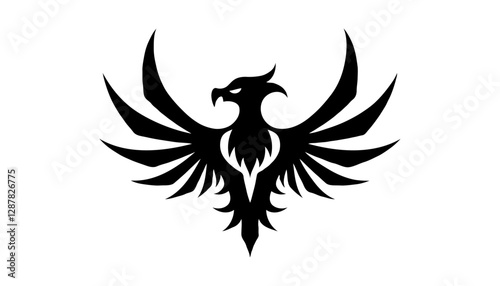 Fierce phoenix logo design, black silhouette style, emblematic illustration on white background, copy space
