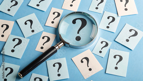Exploring the unknown: A magnifying glass focuses on a question mark, symbolizing the quest for clarity and understanding