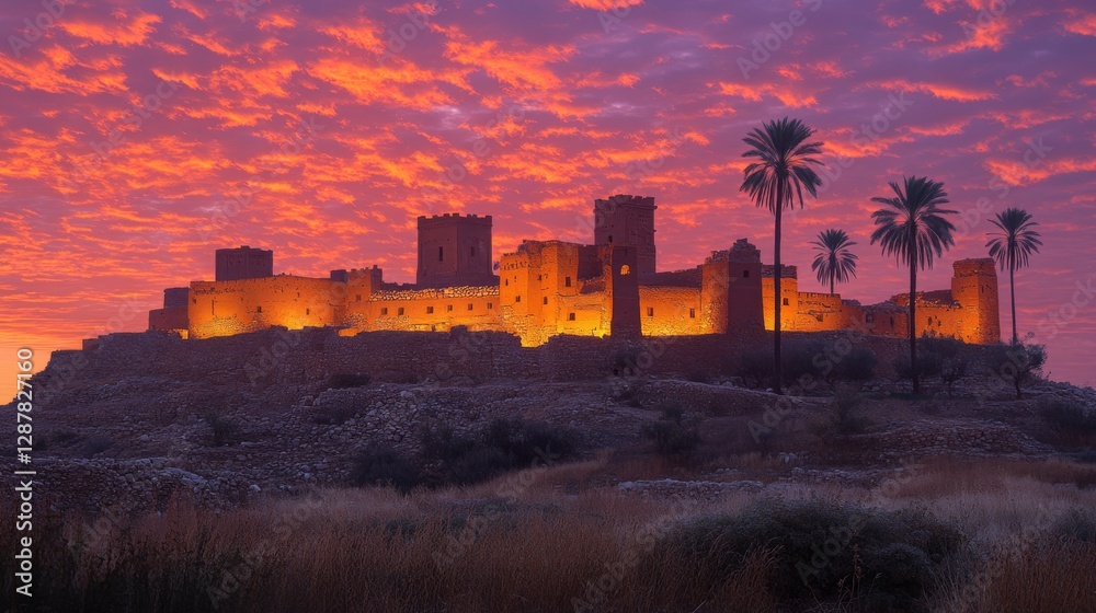 Fototapeta premium A stunning medieval fortress stands against a glowing sunset sky, evoking history, strength, and mystery.