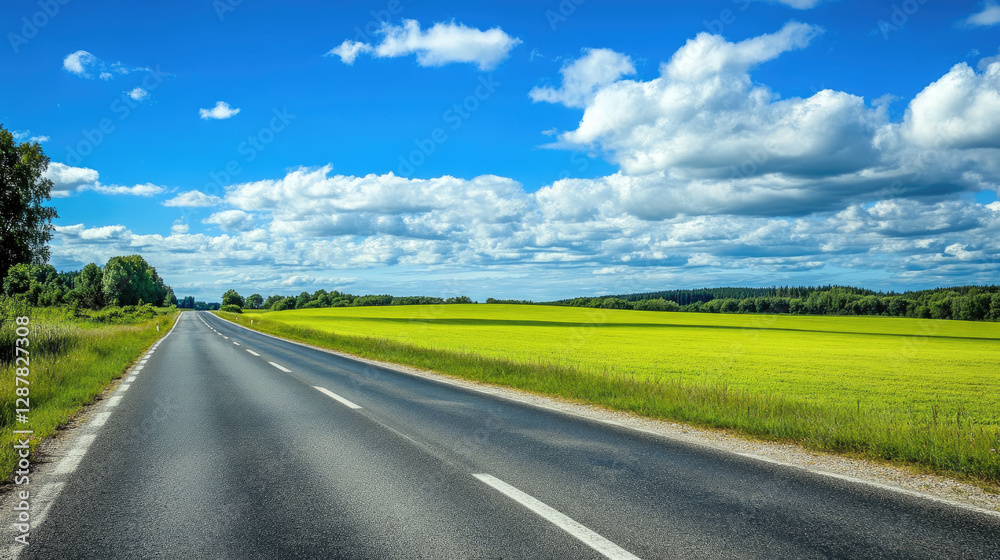 Wide road into distance, flanked by green fields and blue sky. High-definition, horizontal composition. Serene beauty. Wide road into distance, flanked by green fields and blue sky. High-definition, horizontal composition. Serene beauty.