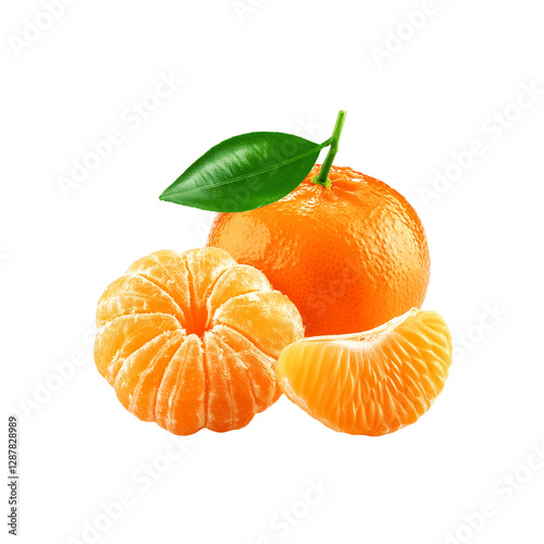 Fresh Mandarin orange with slice and leaf on transparent background