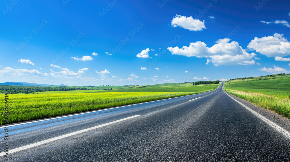 Wide road into distance, flanked by green fields and blue sky. High-definition, horizontal composition. Serene beauty. Wide road into distance, flanked by green fields and blue sky. High-definition, horizontal composition. Serene beauty.