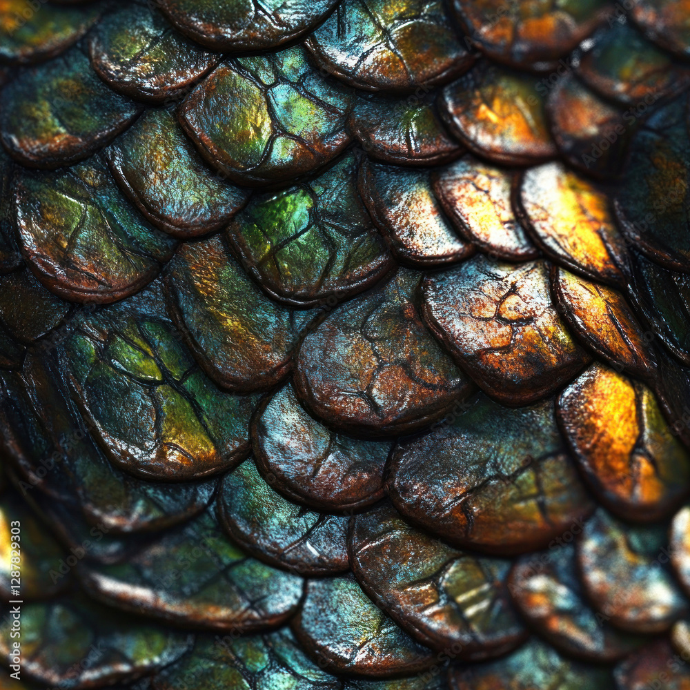 Fototapeta premium Iridescent scaled reptile skin texture in vivid greens, blues, gold, and copper. Close-up view