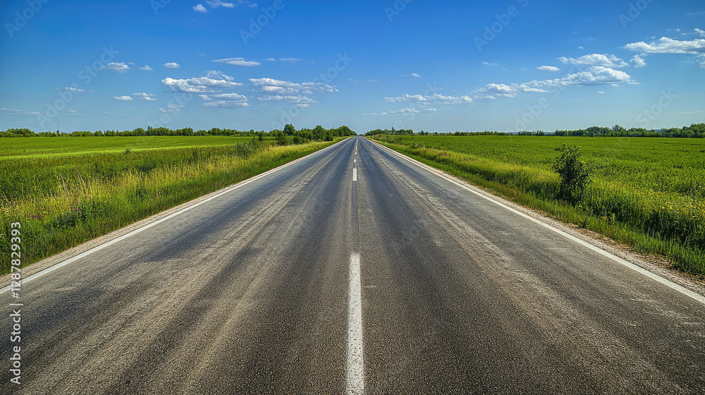 Wide road into distance, flanked by green fields and blue sky. High-definition, horizontal composition. Serene beauty. Wide road into distance, flanked by green fields and blue sky. High-definition, horizontal composition. Serene beauty.