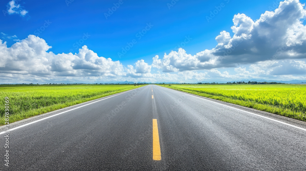 Fototapeta premium Wide road into distance, flanked by green fields and blue sky. High-definition, horizontal composition. Serene beauty.