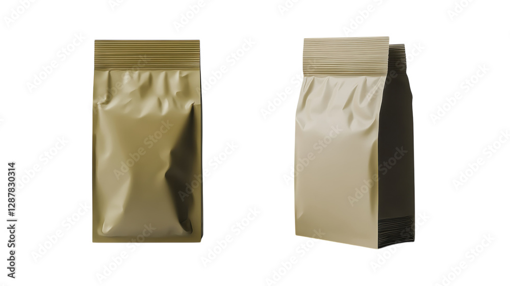 Brown packaging bags for food products in transparent plastic material displayed on white background
